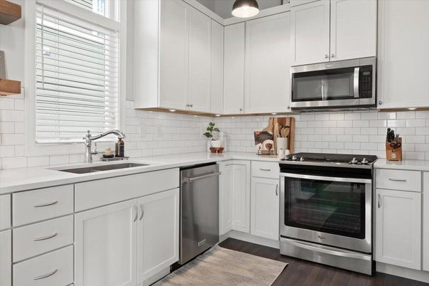 Interior, Kitchen, Pendant Lights, Stainless Steel Appliances, Wood Texture Flooring
