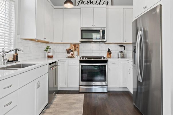 Interior, Kitchen, Pendant Lights, Stainless Steel Appliances, Wood Texture Flooring