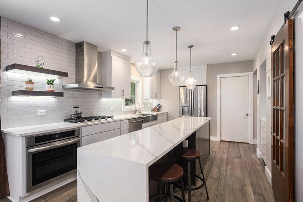 Interior, Kitchen, Pendant Lights, Recessed Lighting, Stainless Steel Appliances, Wood Texture Flooring