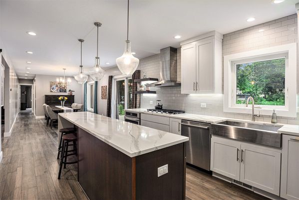 Dining room, Interior, Kitchen, Pendant Lights, Recessed Lighting, Stainless Steel Appliances, Wood Texture Flooring