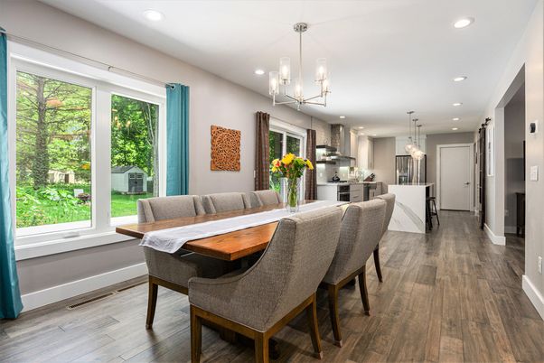 Chandelier, Dining room, Interior, Kitchen, Pendant Lights, Recessed Lighting, Stainless Steel Appliances, Wood Texture Flooring