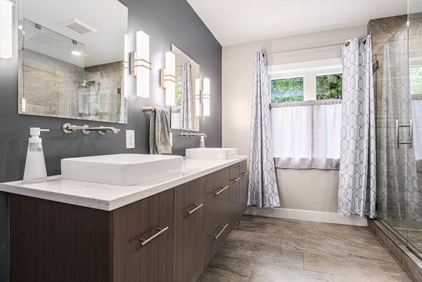 Bathroom, Dual Sink Vanities, Glass Shower, Interior