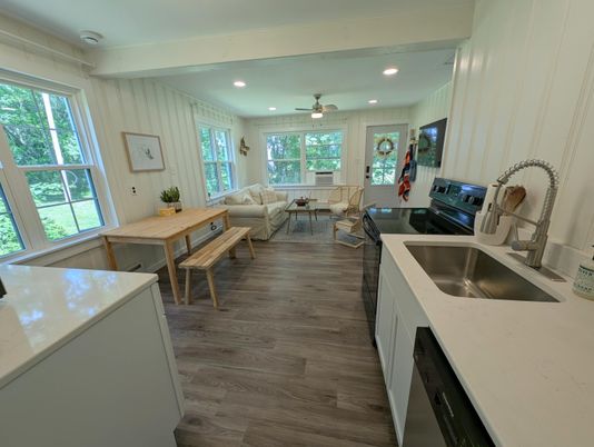 Dining room, Interior, Kitchen, Living room, Recessed Lighting, Wood Texture Flooring
