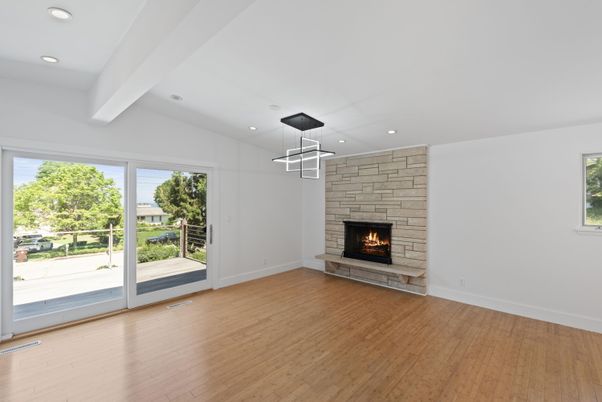 Empty room, Fireplace, Interior, Pendant Lights, Recessed Lighting, Wood Texture Flooring