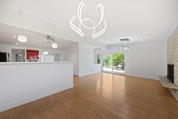Empty room, Fireplace, Interior, Pendant Lights, Recessed Lighting, Wood Texture Flooring
