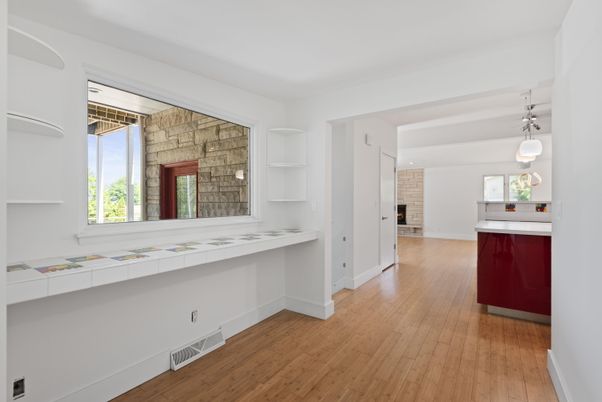 Interior, Kitchen, Pendant Lights, Stone Walls, Wood Texture Flooring