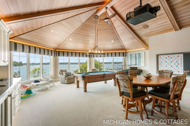 Billiard Table, Dining room, Game Room, Interior, Pendant Lights, Recessed Lighting, Water, Wooden Beams, Wooden Ceilings