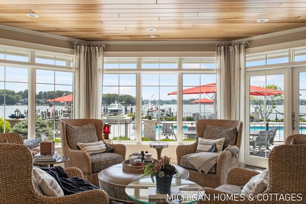 Interior, Living room, Recessed Lighting, Sun Room, Water, Wooden Ceilings