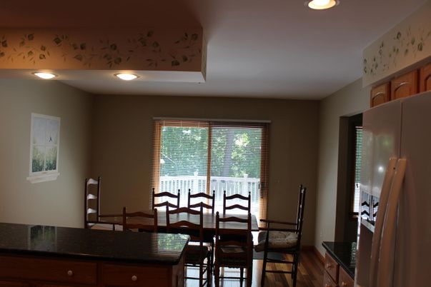 Dining room, Interior, Recessed Lighting, Wood Texture Flooring