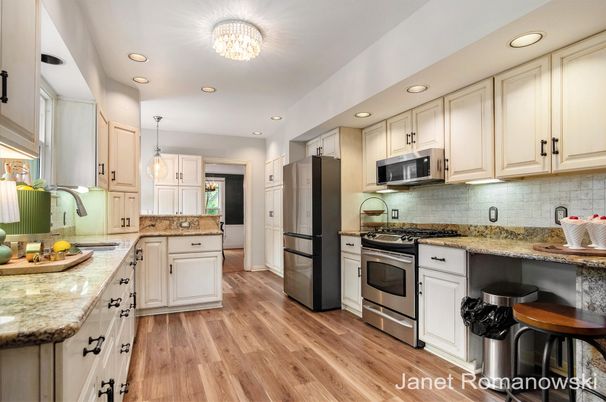 Interior, Kitchen, Pendant Lights, Recessed Lighting, Stainless Steel Appliances, Wood Texture Flooring