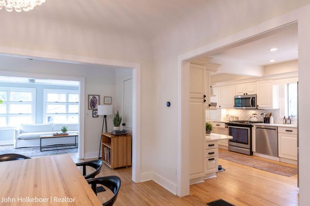 Interior, Kitchen, Living room, Recessed Lighting, Stainless Steel Appliances, Wood Texture Flooring