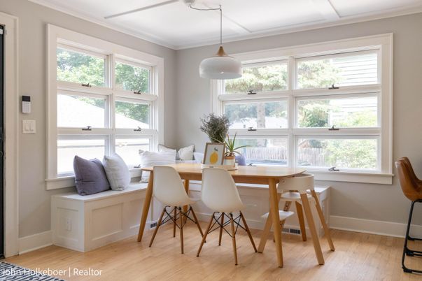 Dining room, Interior, Pendant Lights, Wood Texture Flooring