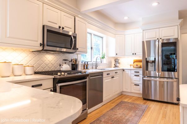 Interior, Kitchen, Recessed Lighting, Stainless Steel Appliances, Wood Texture Flooring