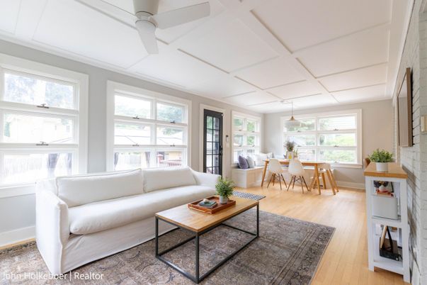 Dining room, Interior, Living room, Pendant Lights, Wood Texture Flooring