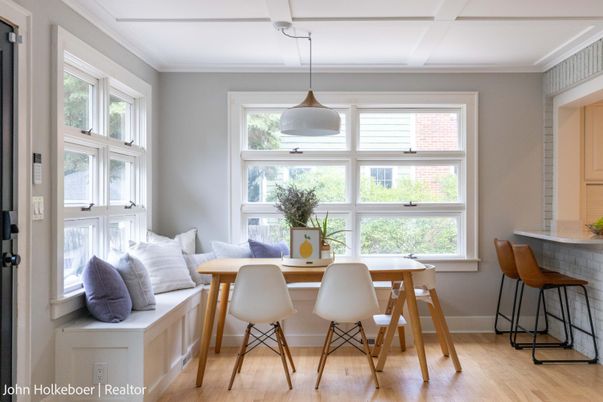 Dining room, Interior, Pendant Lights, Wood Texture Flooring