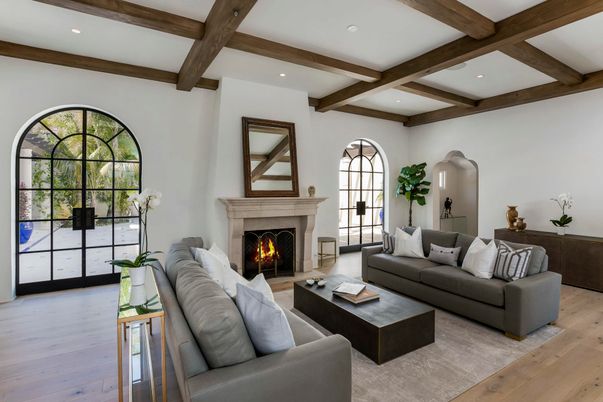Fireplace, Interior, Living room, Recessed Lighting, Wooden Beams, Wood Texture Flooring