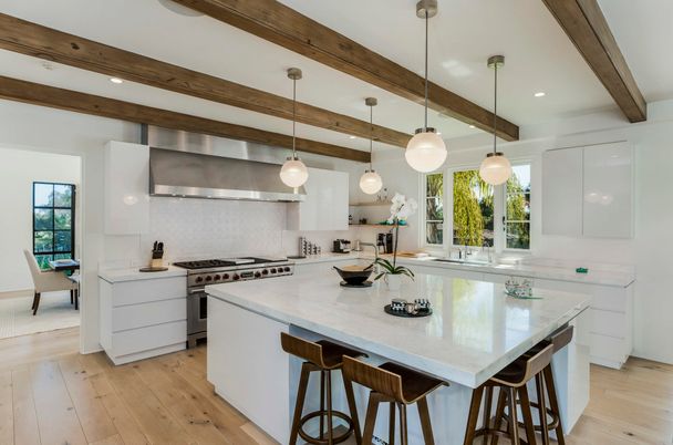 Interior, Kitchen, Pendant Lights, Recessed Lighting, Stainless Steel Appliances, Wooden Beams, Wood Texture Flooring