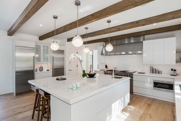 Interior, Kitchen, Pendant Lights, Recessed Lighting, Stainless Steel Appliances, Wooden Beams, Wood Texture Flooring