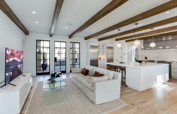 Interior, Kitchen, Living room, Pendant Lights, Recessed Lighting, Stainless Steel Appliances, Wooden Beams, Wood Texture Flooring