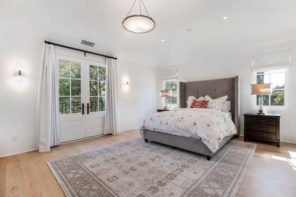 Bedroom, Interior, Pendant Lights, Recessed Lighting, Wood Texture Flooring