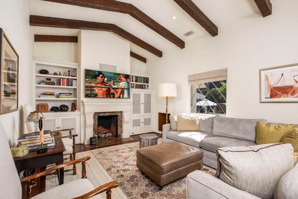 Fireplace, Interior, Living room, Recessed Lighting, Wooden Beams