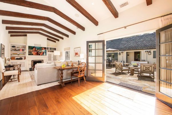 Dining room, Fireplace, Interior, Living room, Recessed Lighting, Wooden Beams, Wood Texture Flooring