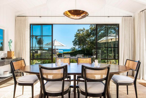 Dining room, Interior, Pendant Lights, Water, Wood Texture Flooring