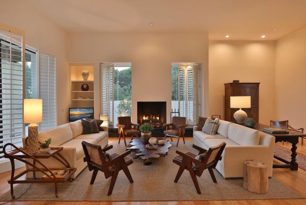 Fireplace, Interior, Living room, Recessed Lighting, Wood Texture Flooring