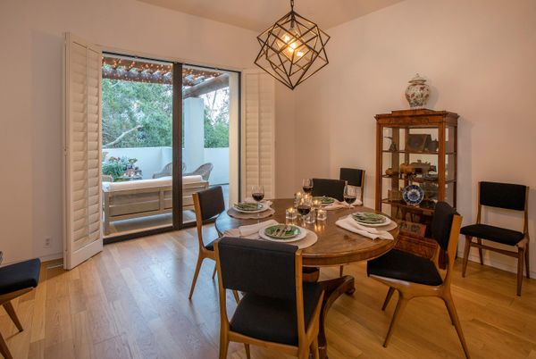 Dining room, Interior, Pendant Lights, Wood Texture Flooring