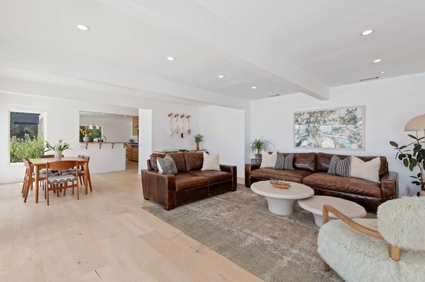 Dining room, Interior, Living room, Recessed Lighting, Wood Texture Flooring