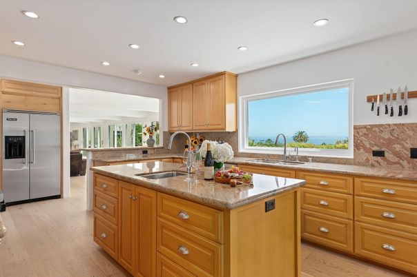 Interior, Kitchen, Recessed Lighting, Stainless Steel Appliances, Water, Wood Texture Flooring