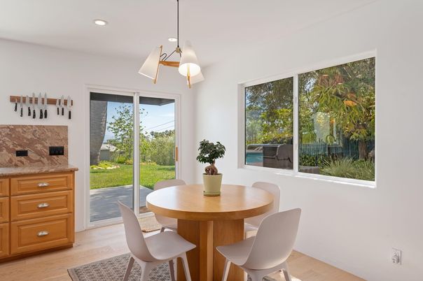 Dining room, Interior, Pendant Lights, Recessed Lighting, Wood Texture Flooring