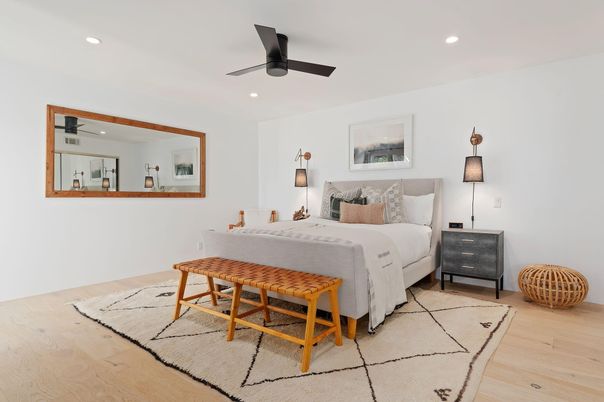 Bedroom, Interior, Recessed Lighting, Wood Texture Flooring