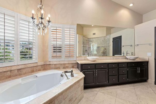 Bathroom, Chandelier, Dual Sink Vanities, Interior, Recessed Lighting