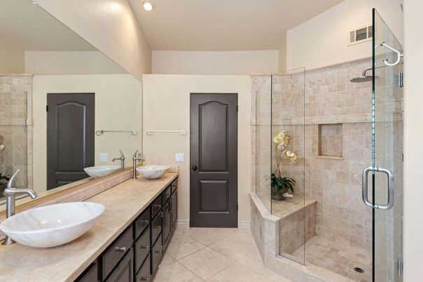 Bathroom, Dual Sink Vanities, Glass Shower, Interior, Recessed Lighting