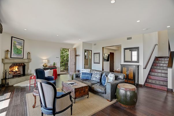 Fireplace, Interior, Living room, Recessed Lighting, Wood Texture Flooring
