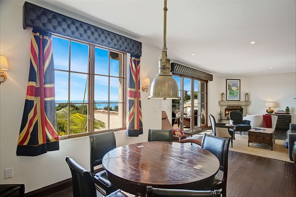 Dining room, Fireplace, Interior, Living room, Pendant Lights, Recessed Lighting, Wood Texture Flooring