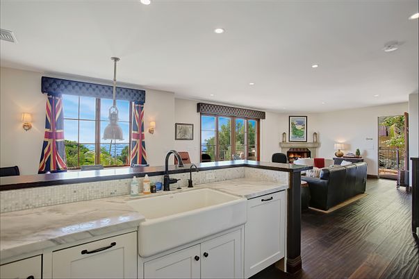 Fireplace, Interior, Kitchen, Living room, Pendant Lights, Recessed Lighting, Wood Texture Flooring