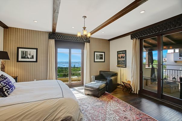 Bedroom, Chandelier, Interior, Recessed Lighting, Wooden Beams, Wood Texture Flooring