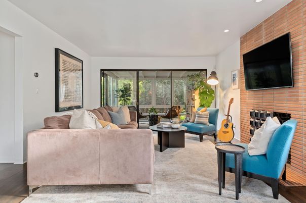 Interior, Living room, Recessed Lighting, Stone Walls, Wood Texture Flooring