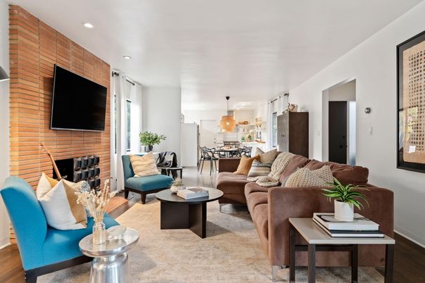 Dining room, Interior, Living room, Pendant Lights, Recessed Lighting, Stone Walls, Wood Texture Flooring