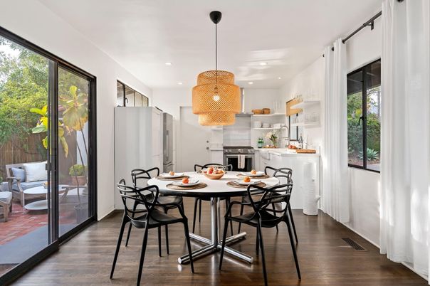 Dining room, Interior, Kitchen, Pendant Lights, Recessed Lighting, Stainless Steel Appliances, Wood Texture Flooring