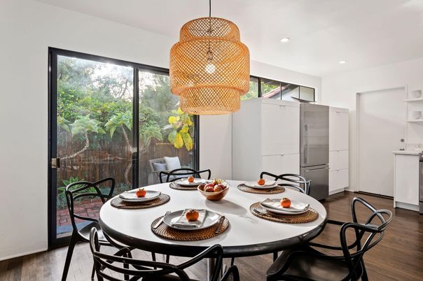 Chandelier, Dining room, Interior, Pendant Lights, Recessed Lighting, Wood Texture Flooring