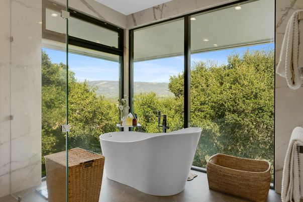 Bathroom, Free Standing Baths, Interior, Marble Walls, Recessed Lighting