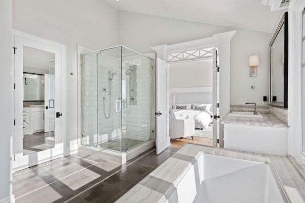 Bathroom, Bedroom, Glass Shower, Interior, Recessed Lighting, Wood Texture Flooring