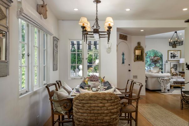 Dining room, Fireplace, Interior, Living room, Pendant Lights, Recessed Lighting, Wood Texture Flooring