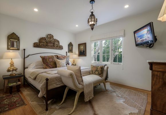 Bedroom, Interior, Pendant Lights, Recessed Lighting, Wood Texture Flooring