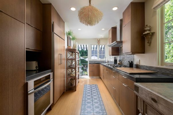 Chandelier, Interior, Kitchen, Recessed Lighting, Stainless Steel Appliances, Wood Texture Flooring