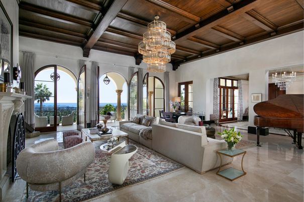 Chandelier, Fireplace, Interior, Living room, Piano, Water, Wooden Beams, Wooden Ceilings