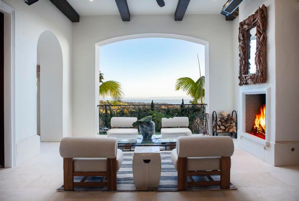 Fireplace, Interior, Living room, Recessed Lighting, Water, Wooden Beams